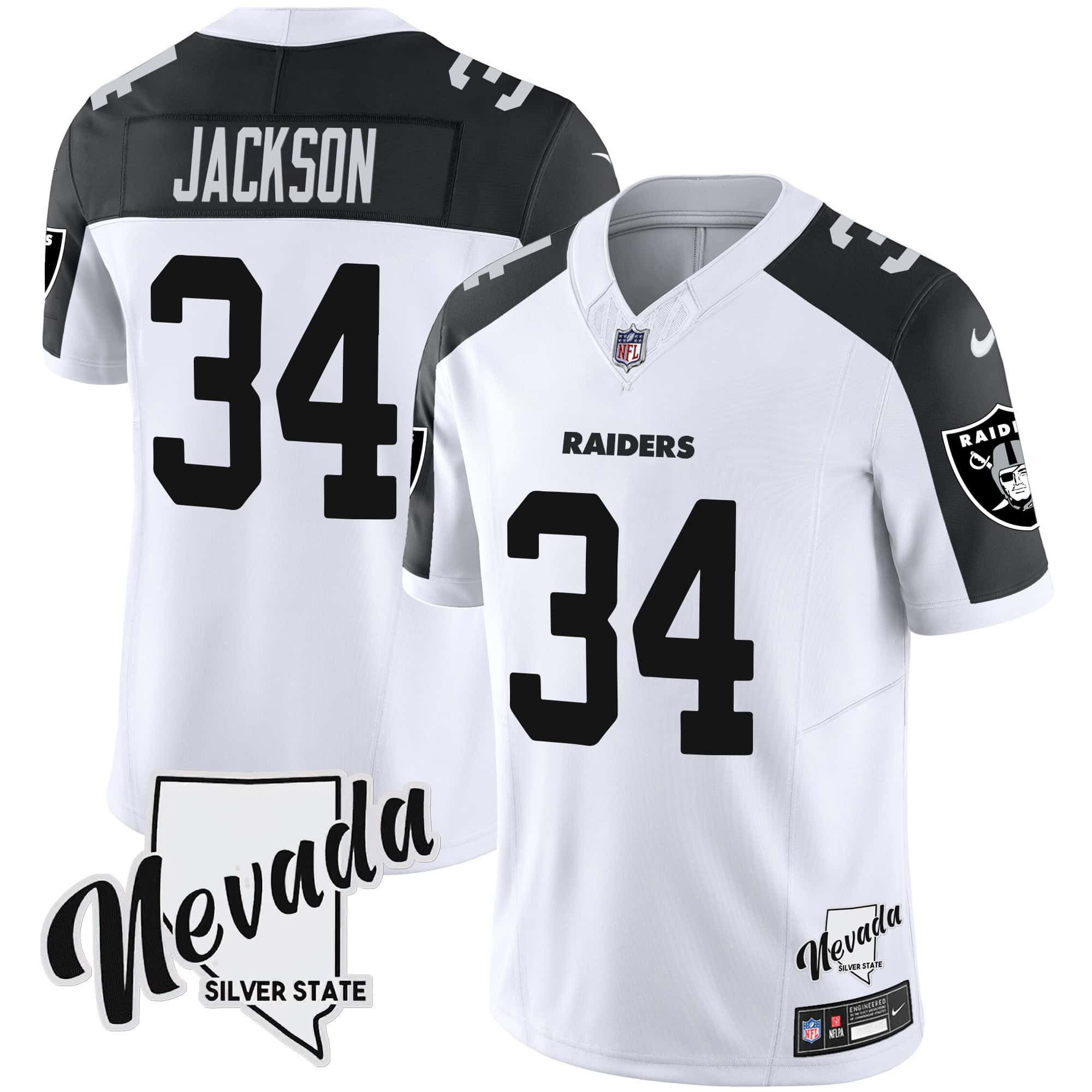 Men Oakland Raiders 34 Jackson White 2024 Nike Nevada Silver State Patch Vapor NFL Jersey style 1